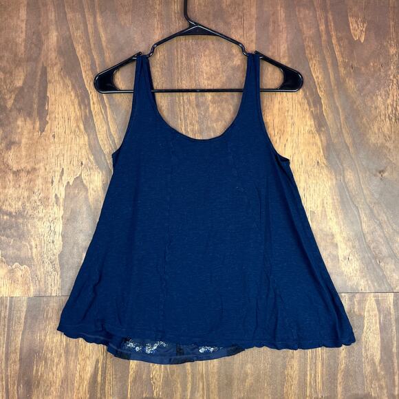 Free People Womens Blouse Blue Tank Lace Front Floral Linen Blend Stretch S - Picture 8 of 10